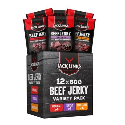 Jack Links Beef Jerky Geschenke Box - 12er Pack (12 x 60g) - Hochwertiger Fleisch Snack Geschenke für Männer - Vater, Papa, Mann Geschenk oder als Geschenkkorb, Präsentkorb, Geburtstag - High Protein